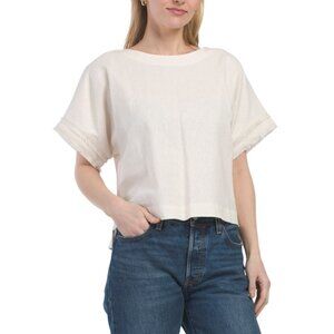 ANNE KLEIN Ivory Linen Blend Dolman Sleeve Blouse With Fringe Trim